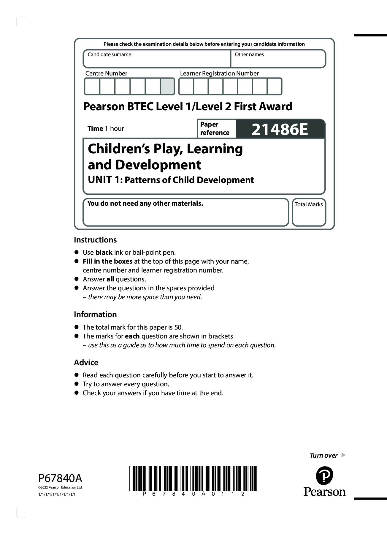 Pearson BTEC Level 1/Level 2 First Award Children’s Play, Learning and Development UNIT 1
